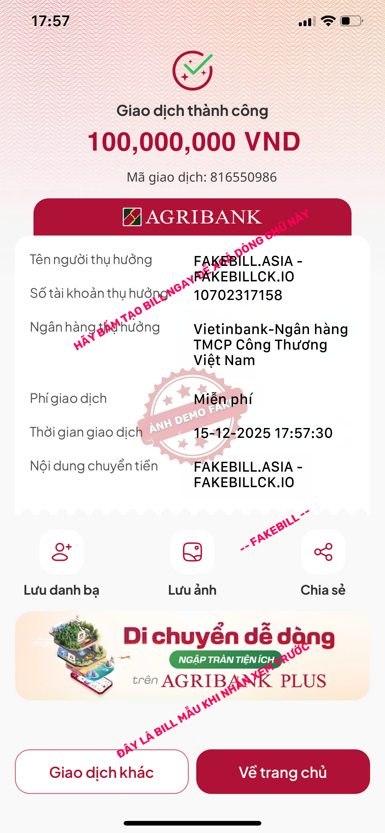 Fake bill Agribank giả
