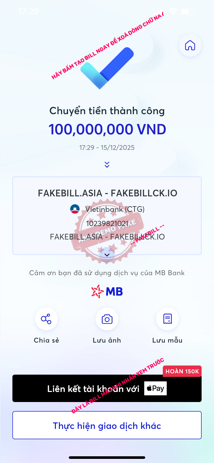 Fake bill MB Bank giả