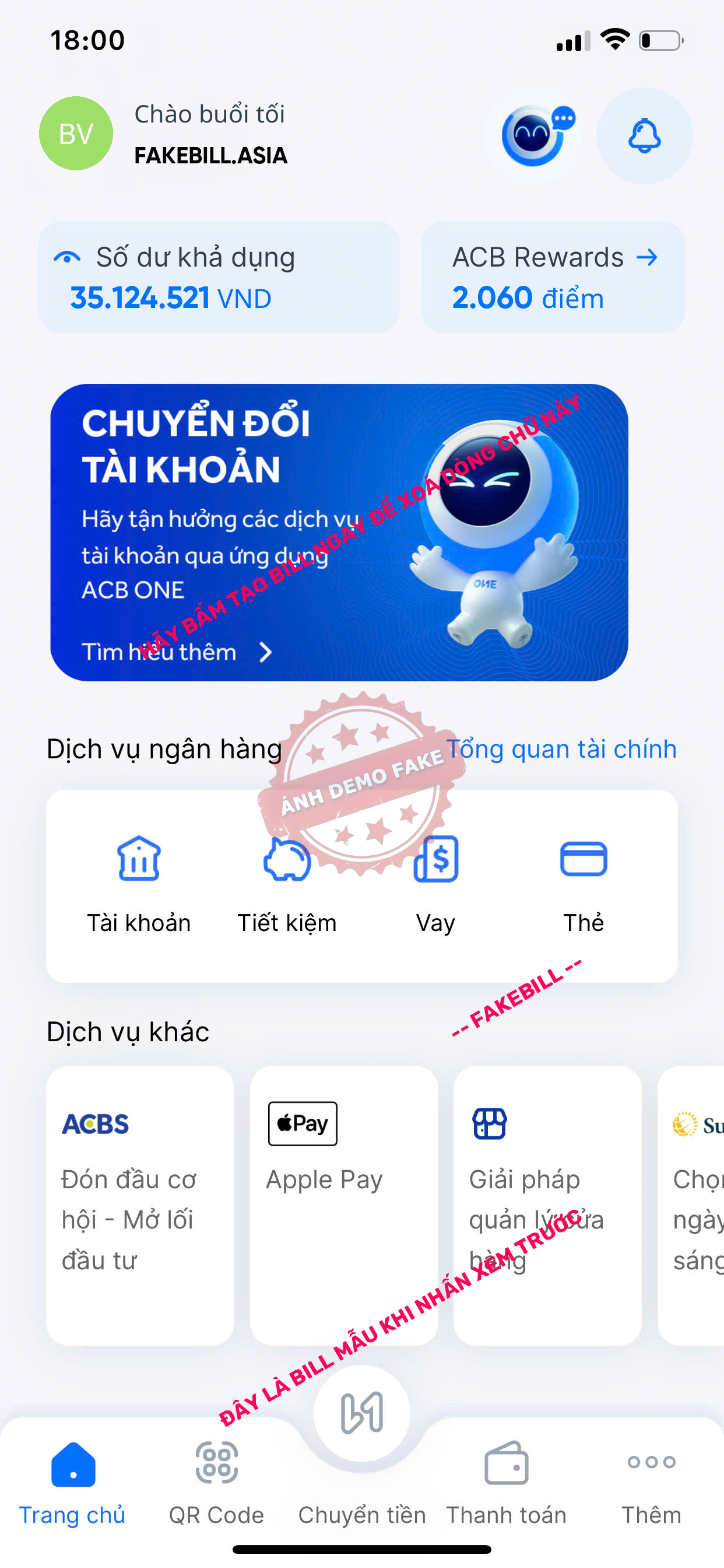 Fake bill số dư ACB giả