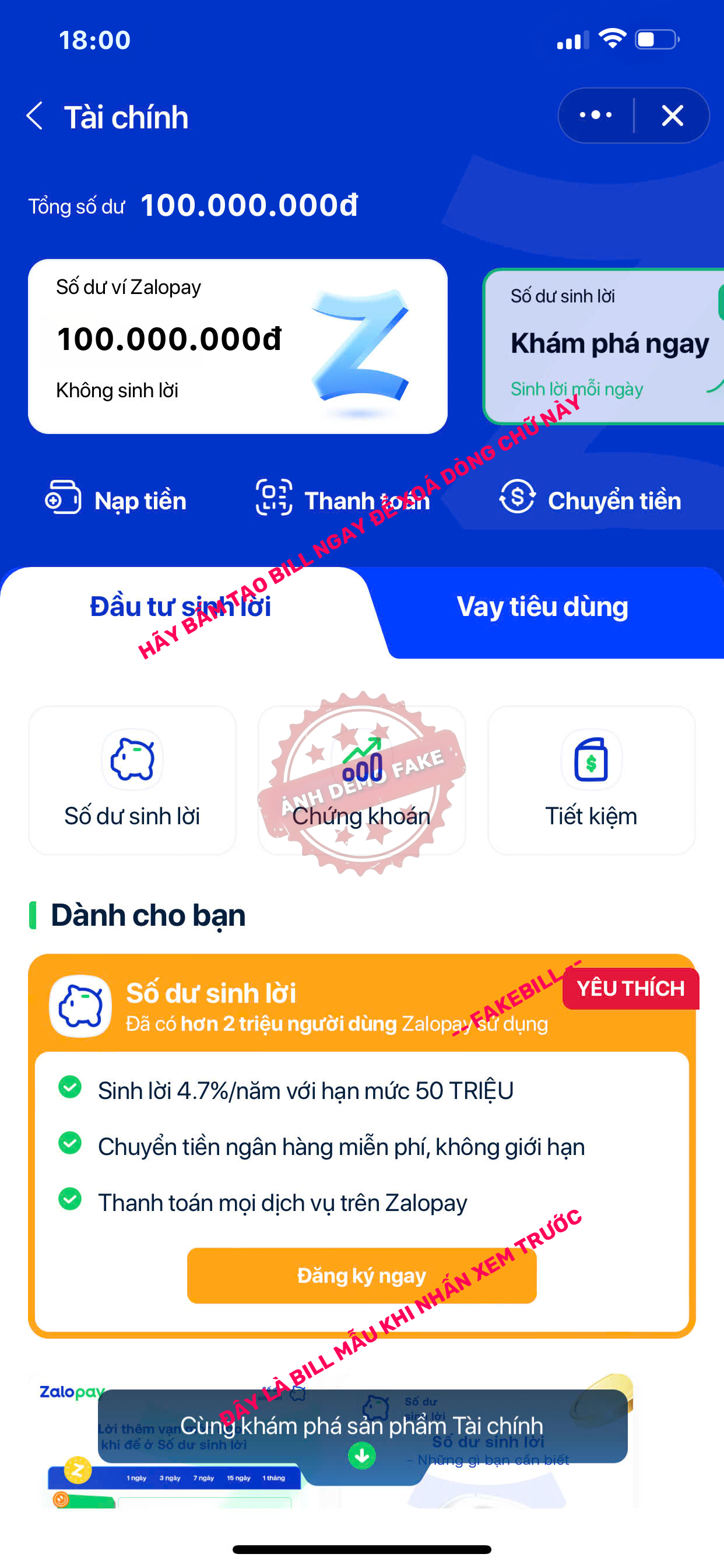 Fake bill số dư ZaloPay giả