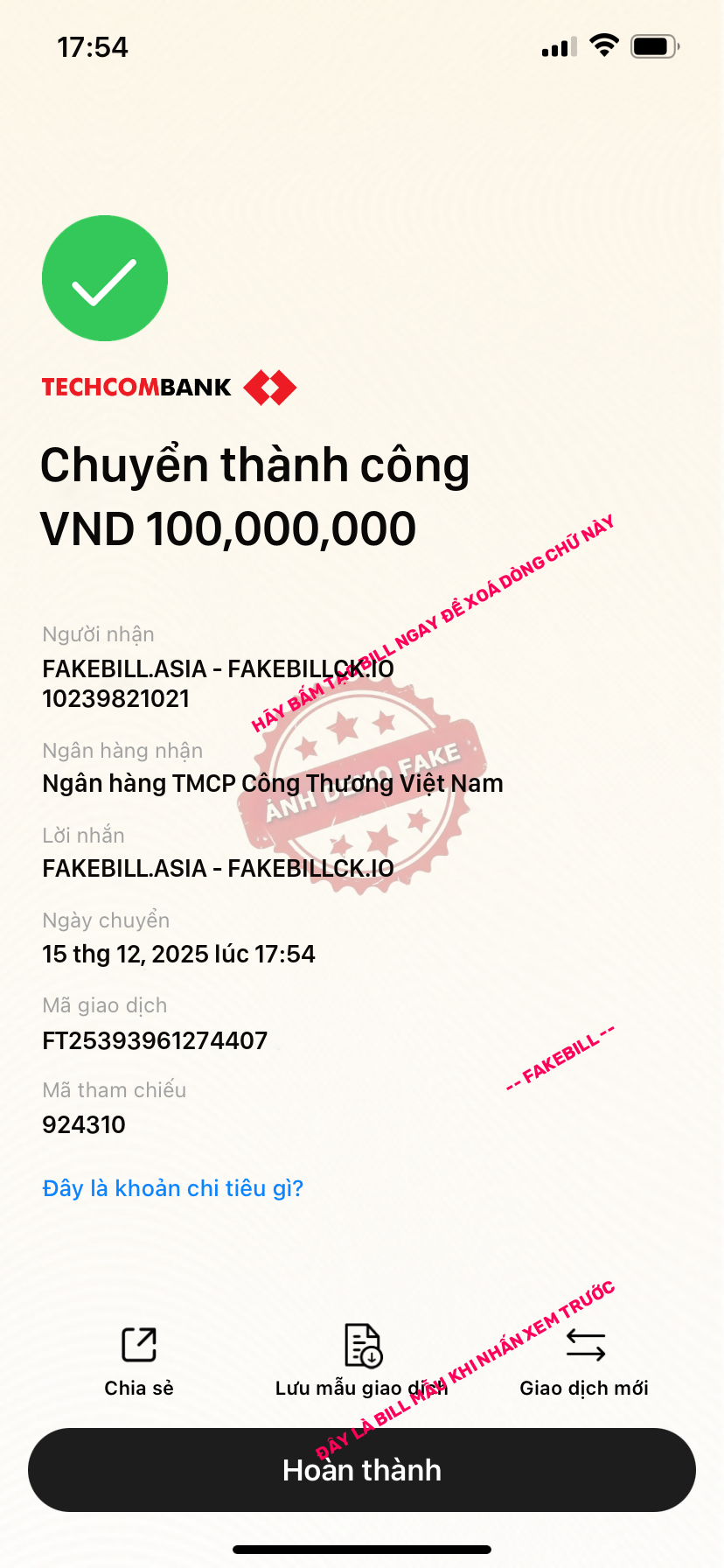 Fake bill Techcombank giả